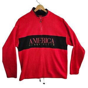 Vintage Perry Ellis AMERICA Fleece Jacket Men's XL 1/4‎ Zip Black & Red 1990s